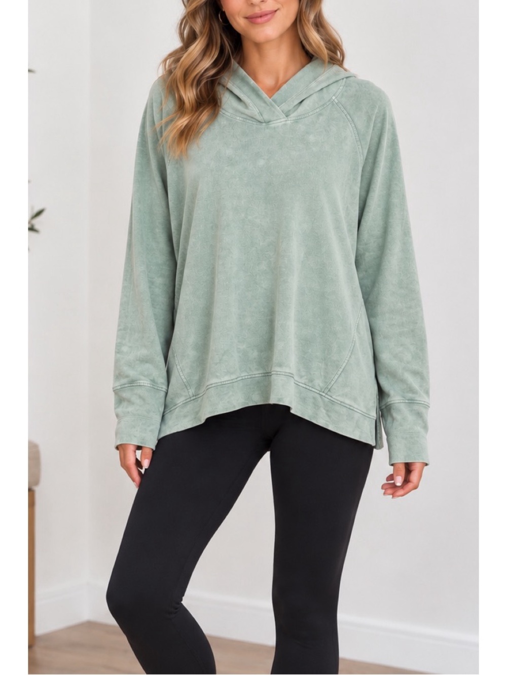 Danskin washed sage-green women’s hoodie features a cozy crossover hood